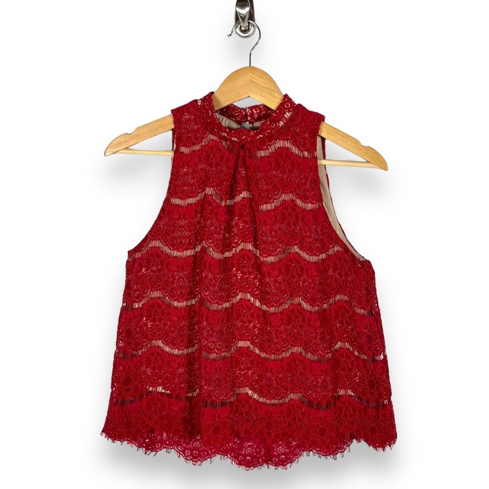 Love Fire Lace High Mock Neck Keyhole Neck Sleeveless Top, Dark Red, Size Small